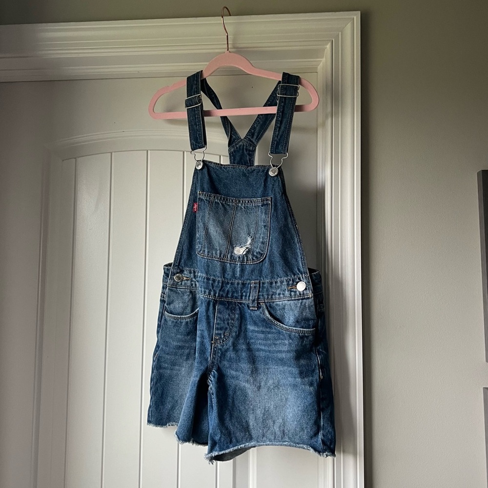 Girls Levi Shortall Distressed Overall Shorts Mid Wash
